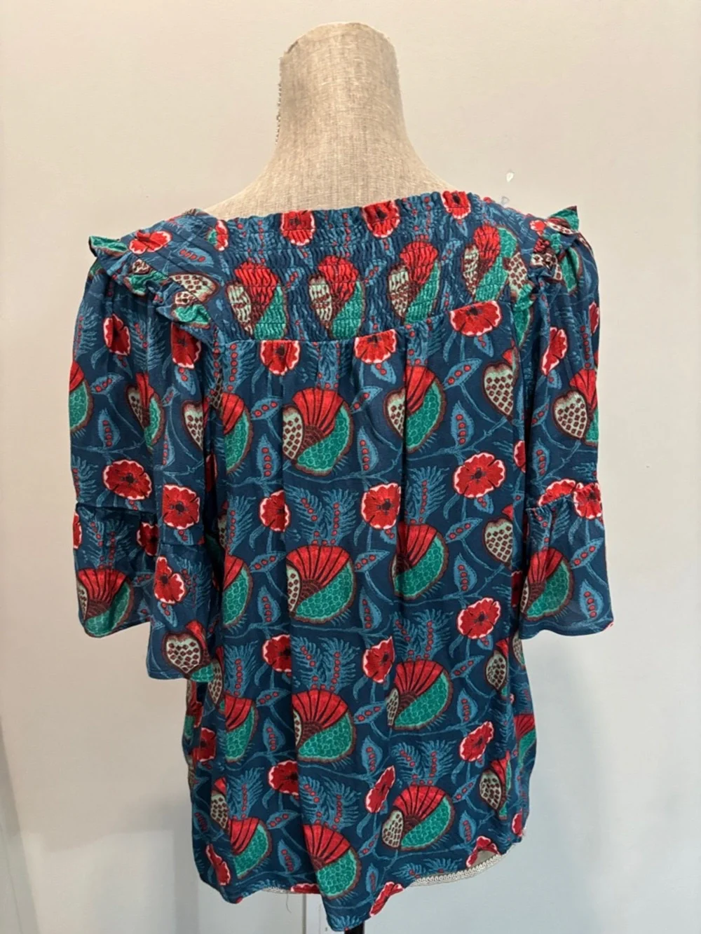 Anthro Maeve Letitia Smocked Floral Blouse Blue Ruffle Top Size Small - Picture 8 of 15